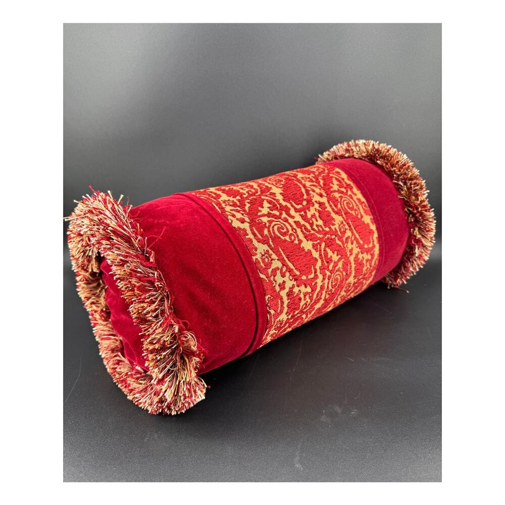 Vintage Springmaid Bolster Pillow Red Gold Tapestry Fringe 18” Decorative